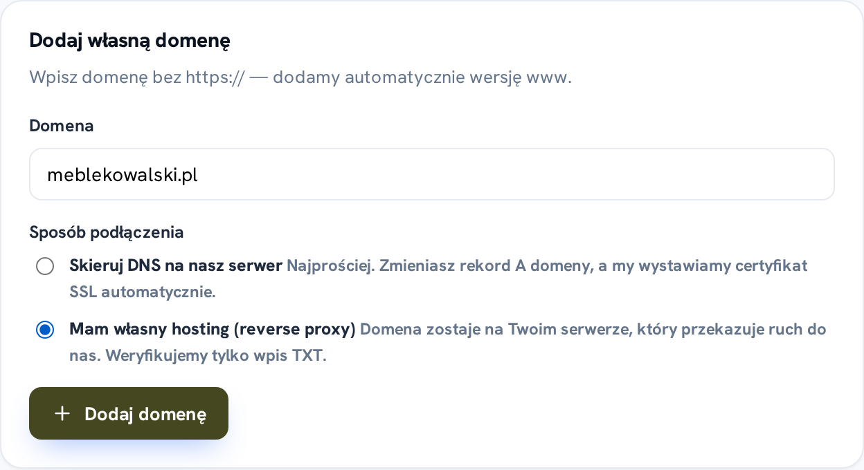 Formularz dodawania domeny z wyborem sposobu podłączenia „Mam własny hosting"
